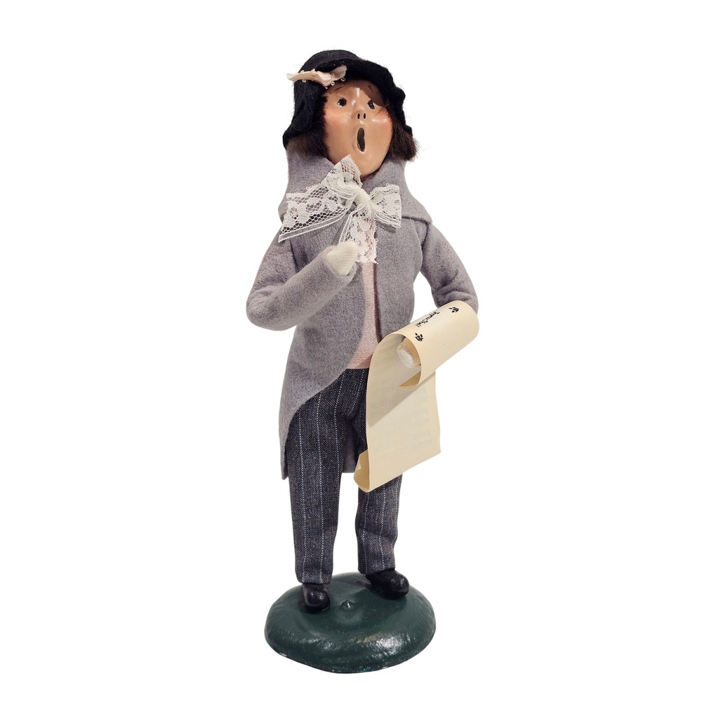 Byers Choice Caroler 1985 Man Grey Coat Pinstripe Pants Top Hat Music Scroll 10"